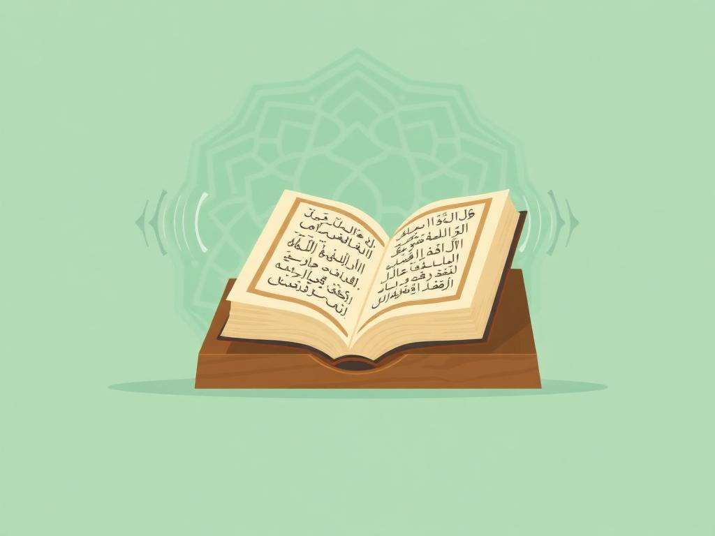 Mushaf Al-Qur'an terbuka di atas rehal dengan gelombang suara, ilustrasi murajaah hafalan